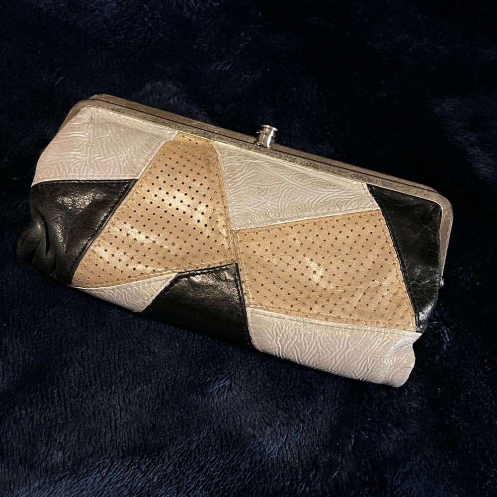 Elegant Patchwork Clutch - Black, White, Tan